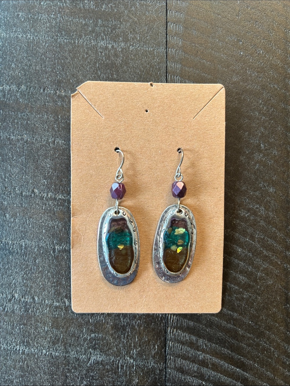 Teal and Purple Glass Drop Earrings with Silver-Tone Frame